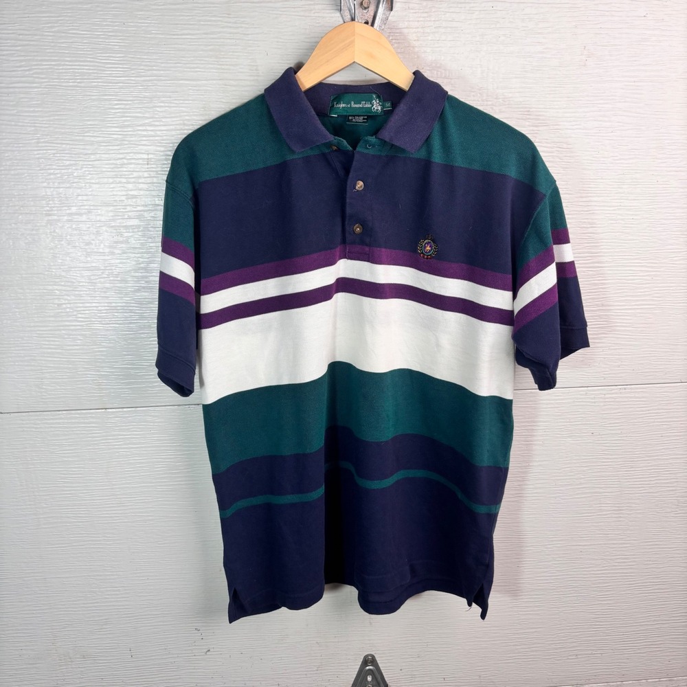 1990s Knights Round Table Striped Polo Shirt M Colorblock Preppy Vintage